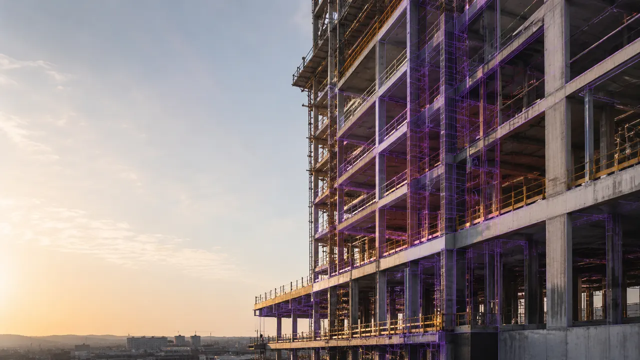 Estrutura em construção com sobreposição digital