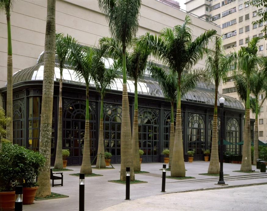 Pavilhão envidraçado do Shopping Higienópolis em São Paulo/SP, cercado de palmeiras